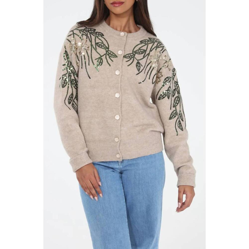 NEW RAIN AND ROSE floral sequin cardigan in tan
